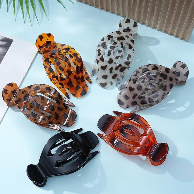 AWAYTR 6Pcs Upgrade Large Flat Hair Claw Clips for Women Girls, 5" Non-slip Duckbill Hair Clips for Long, Thick, Thin Hair, Comfortable for Driving & Lying Down (Glossy (Leopard Print))