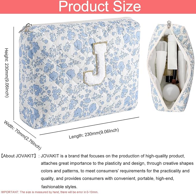 JOVAKIT Alphabet Makeup Bag Cosmetic Bag for Women, Christmas Gifts for Girls Age 6-18, Floral Flowers Coquette Travel Toiletry Zipper Make Up Pouch Organizer Trendy Stuff (2Pcs Blue Floral J)