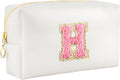 Initial Makeup Bag Personalized Preppy Travel Small Cosmetic Bag Cute PU White Chenille Letter Makeup Pouch for Purse Waterproof Zippered Toiletry Organizer for Women Girls Kids Friends (H)