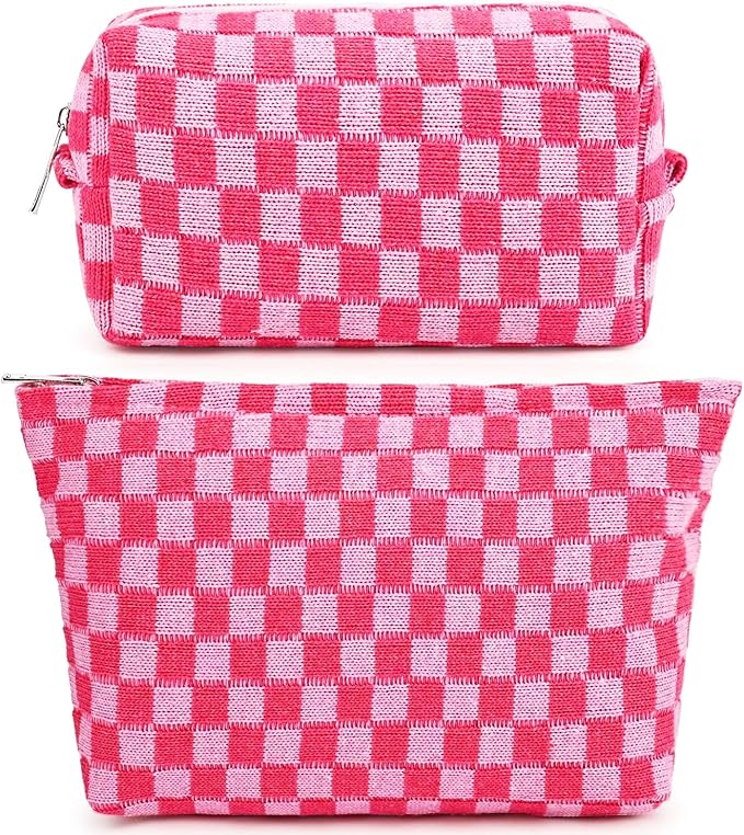 Travel Makeup Bag, Checkered Cosmetic Bag Make Up Organizer Case for Women, Small Toiletry Bag Skincare Pouch for Toiletries Accessories Brushes, 2PCS
