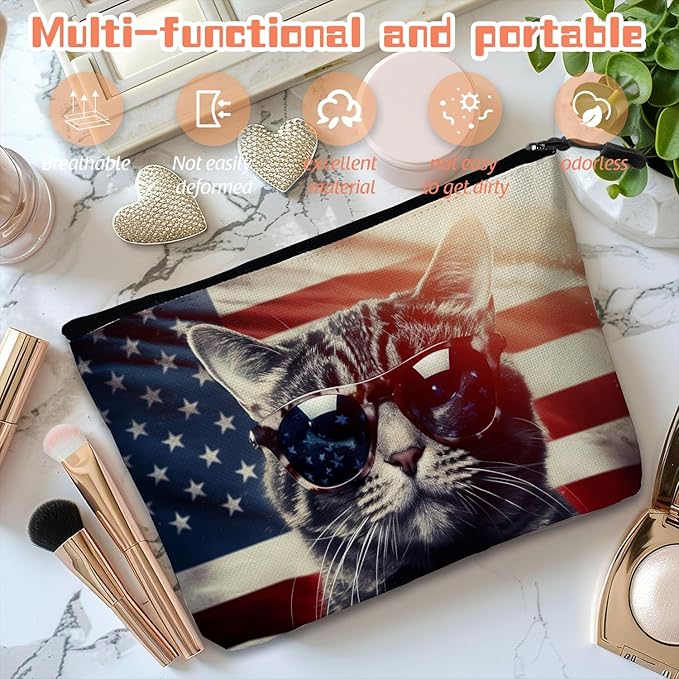 Cosmetic Bags Travel Makeup Toilet Case Waterproof Pouch for Women Girls 6.7X9.45inches - Cat Wearing Sunglasses With Flag Reflections in The Lenses