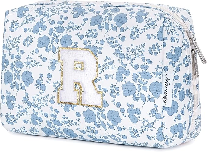 Narwey Birthday Gifts for Teen Girls Kids Women Personalized Initial Floral Makeup Bag Cute Cosmetic Trendy Stuff 6 8 10 11 12 13 14 16 18 Years Old Travel Toiletry Bag (Little Blue Flower R)