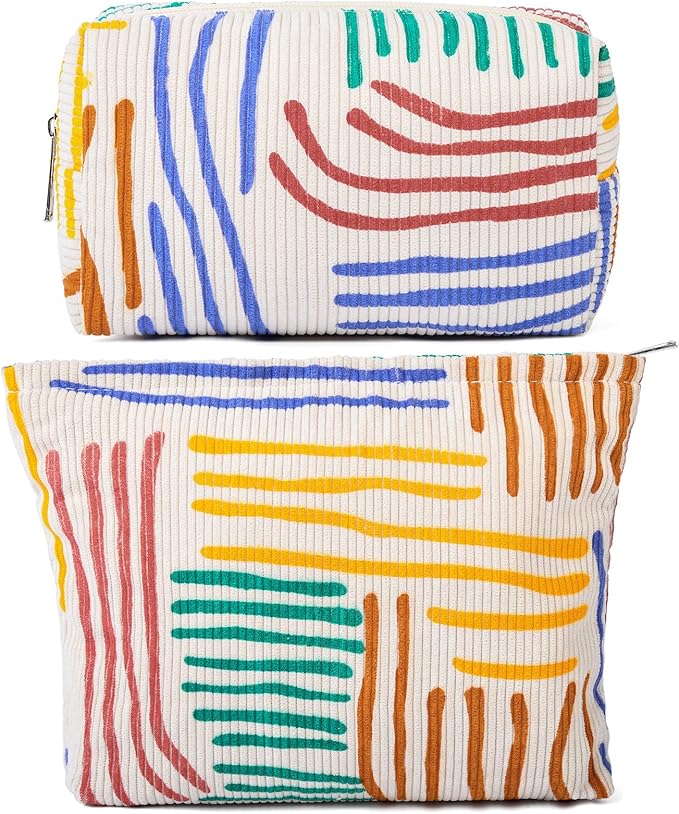 SOIDRAM 2 Pieces Stripes Makeup Bag Large Corduroy Cosmetic Bag Capacity Canvas Mix Travel Toiletry Bag Organizer Cute Makeup Brushes Aesthetic Accessories Storage Bag for Women, Stripes Mix Colorful