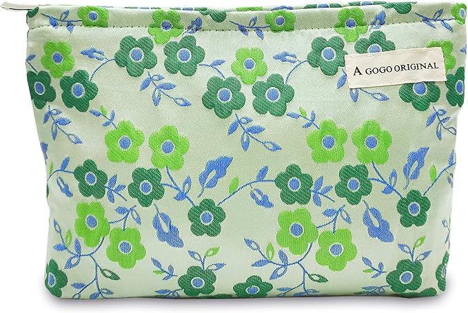 STARDW Aesthetic Floral Makeup Bag Cute Small Cosmetic Bags for Women Girls, Travel Toiletry Bag Large Capacity Zipper Makeup Pouch, Purse Organizer Pouches (Green Flowers)