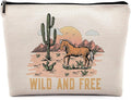 Wild and Free Cowgirl Cosmetic Bag, Wild West Retro Western Horse Cactus Desert Makeup Bag Zipper Cosmetic Pouch Bag Travel Linen Makeup Organizer, Cowgirl Gifts for Women Girls Teen Girls Her