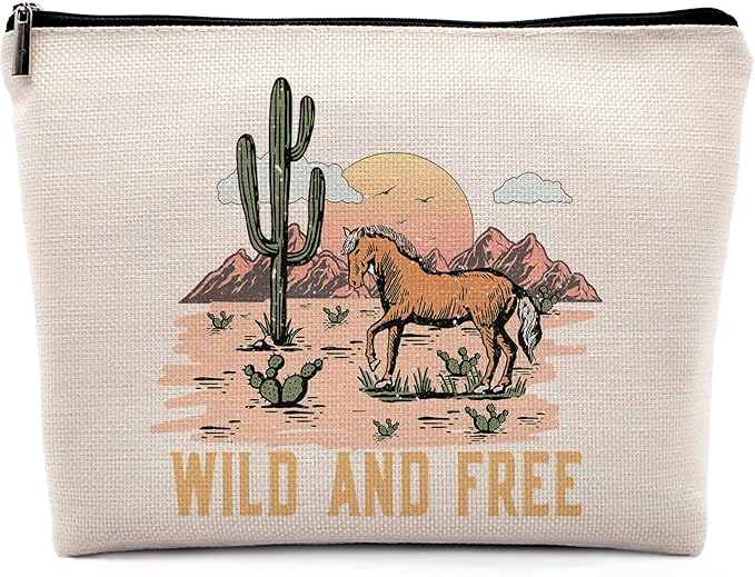 Wild and Free Cowgirl Cosmetic Bag, Wild West Retro Western Horse Cactus Desert Makeup Bag Zipper Cosmetic Pouch Bag Travel Linen Makeup Organizer, Cowgirl Gifts for Women Girls Teen Girls Her