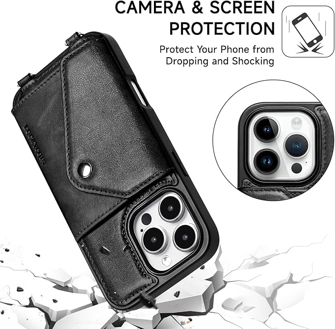 LUCKYCOIN Crossbody Wallet Phone Case for iPhone 16 Pro,100% Genuine Leather Wallet Phone Case with Expandable Flip Card Holder,Phone Purse for Women with Adjustable Removable Strap - Black