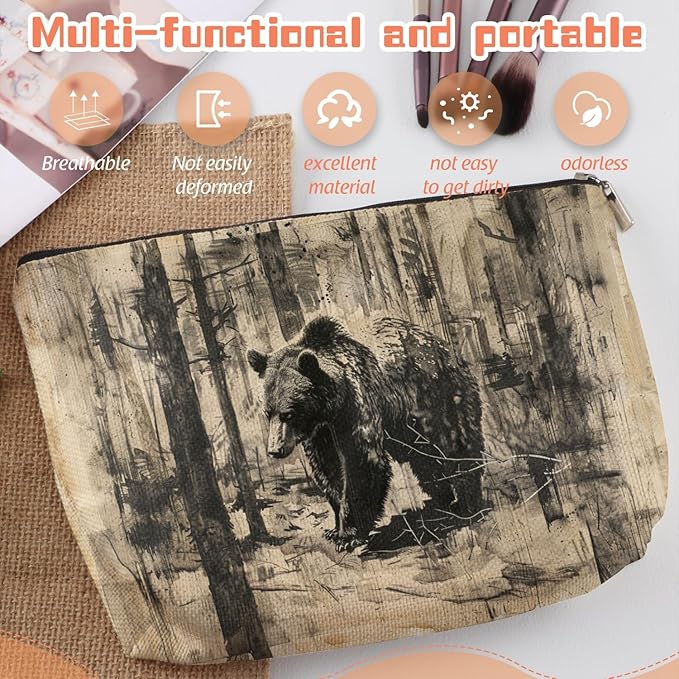 Makeup Bag Travel Cosmetic Bags Small Makeup Case Waterproof Zipper Pouch for Women Girls 7X9inches - Brown Bear Roaming Through A Textured Forest