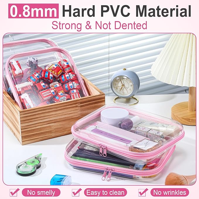 Sanwuta 6 Pcs Clear Hard Zipper Case Hard Plastic Zipper Pouches Makeup Bag Pencil Pouches Transparent Cases for Snacks Plastic Storage Organizer Box for Travel(Pink,9.84 x 7.87 x 2 Inch)