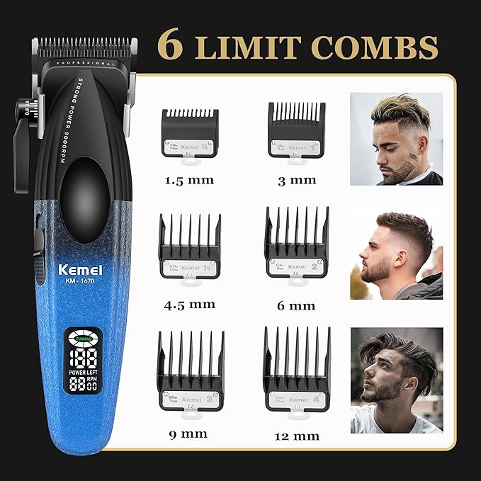 KEMEI 1670 Professional Hair Clippers for Men, Cordless Barber Clipper with LED Display, 9000 RPM Clippers for Hair Cutting with Charging Base