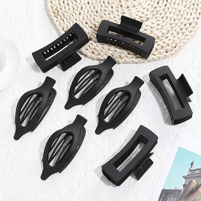 Hair Clips for Women 4.3 Inch Large Hair Claw Clips 8 pcs Square Claw Clips & Flat Hair Clips for Thick or Thin Hair French Concord Hair Barrettes Alligator Hair Accessories for Women (Black)