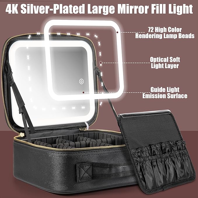 Makeup Travel Train Case with Mirror LED Light 3 Adjustable Brightness Large Cosmetic Bag Portable Storage Adjustable Partition Waterproof Makeup Brushes Make up Jewelry Gift for Women