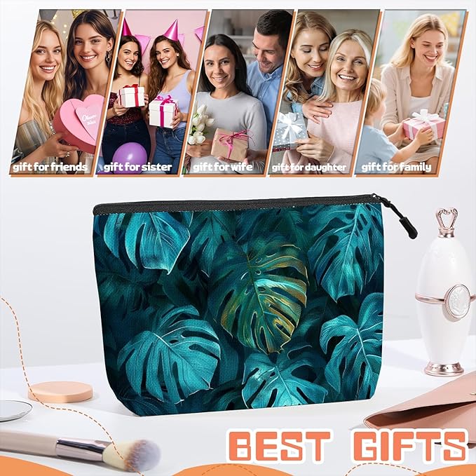 Cosmetic Bags Travel Makeup Toilet Case Waterproof Pouch for Women Girls 6.7X9.45inches - Tropical Monstera Leaves in A Deep Teal Hue
