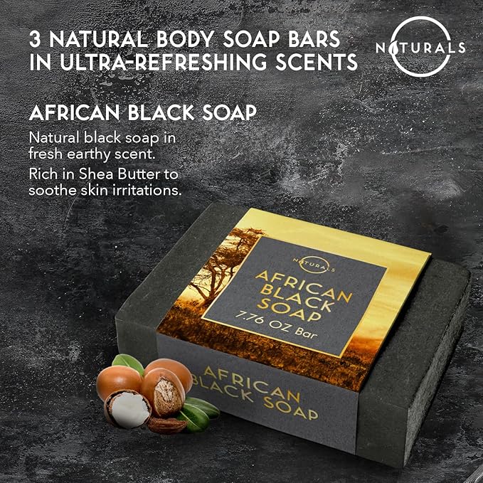 O Naturals Bar Soap for Men - 3-Pcs Mens Soap Bar - Natural Soap - Mens Soap - Body Men Soap Bars - Natural Soap for Men - Organic Men's Soap Bars - Exfoliating Bar Soap - African Black,Cedarwood,Mint
