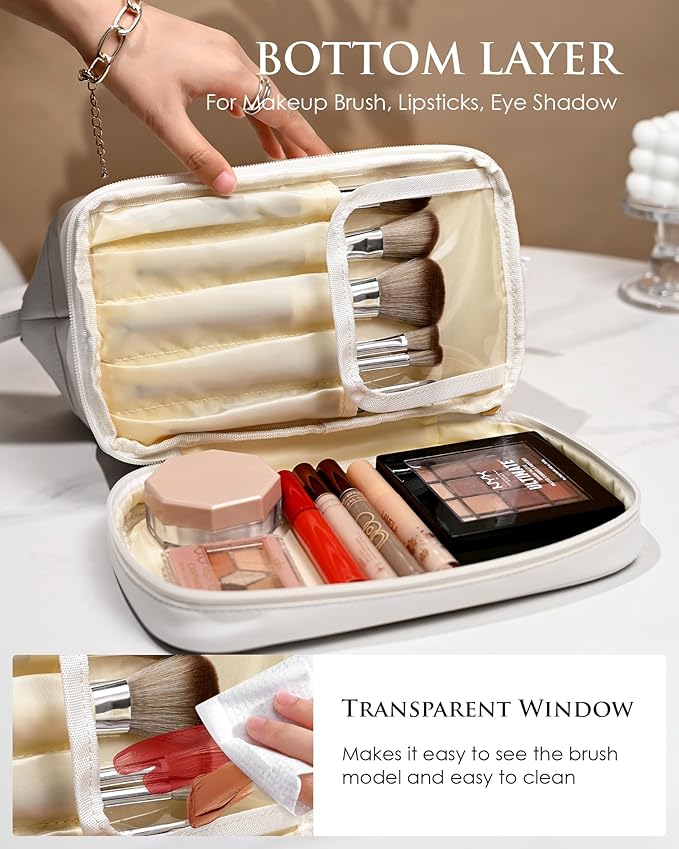 Personalized Gifts, Initial Makeup Bag, Personalized Double Layer Cosmetic Bag with Makeup Brush Organizer, Large Capacity PU Leather Travel Toiletry Bag Bride Gifts, Bridal Party Gifts