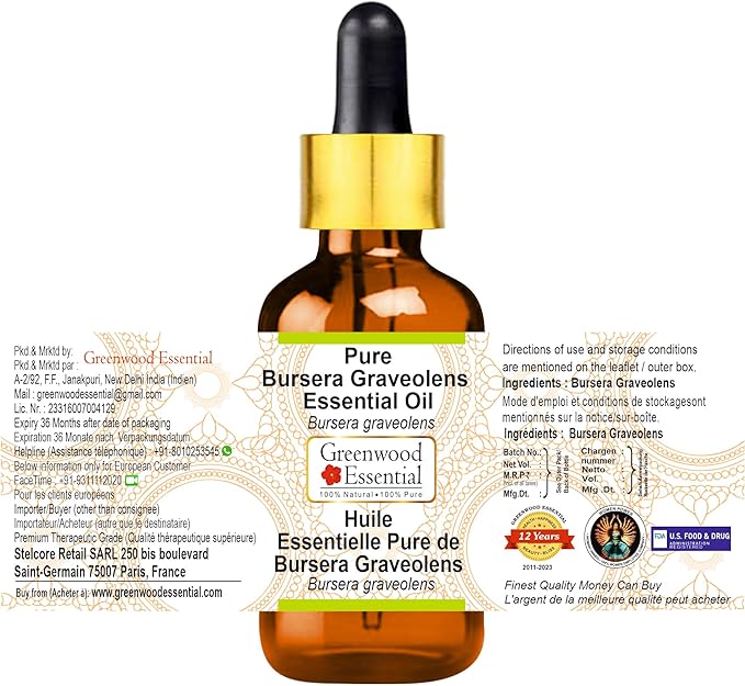 Greenwood Essential Bursera Graveolens Essential Oil (Bursera graveolens) with Glass Dropper | Pure | Non-Sticky | Non-Greasy | Lightweight | Unisex | All Skin Types | Steam Distilled 5ml (0.16 oz)