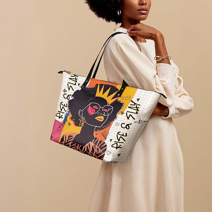 African Black Women's Leather Tote Bag, Large, Premium Vegan Leather, Full Zip, Perfect Christmas Gifts For Women