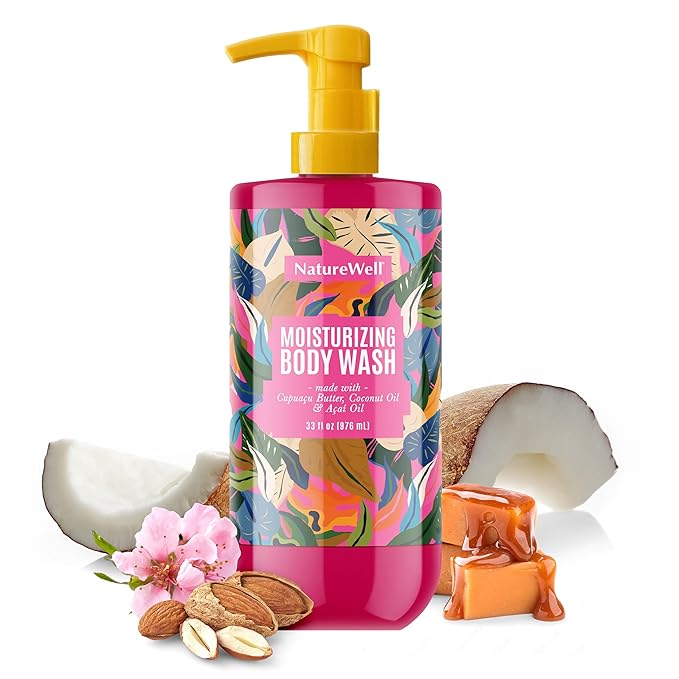 NATURE WELL Cheeky Moisturizing Body Wash, Creamy Formula Infused with Cupuaçu Butter, Provides Gentle Cleansing & Intense Hydration, Deliciously Sweet & Warm Brazilian Nut Oil Scent, 33 oz