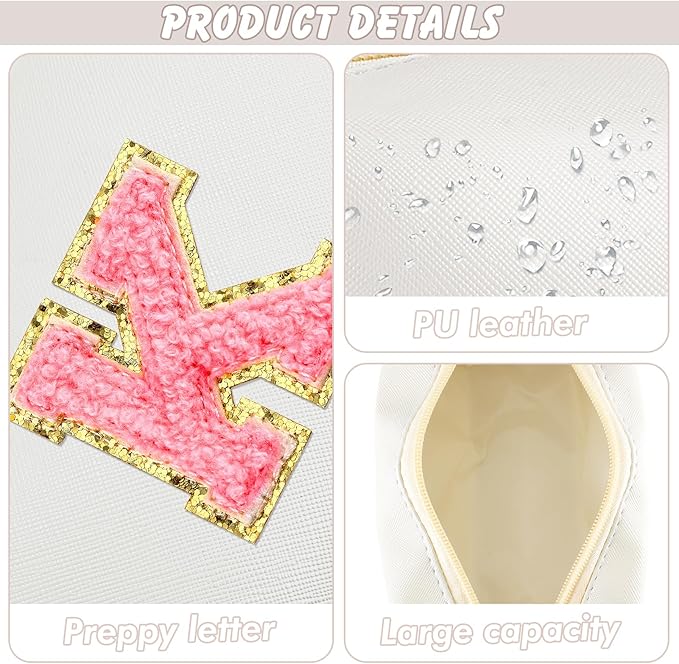 Initial Makeup Bag Personalized Preppy Travel Small Cosmetic Bag Cute PU White Chenille Letter Makeup Pouch for Purse Waterproof Zippered Toiletry Organizer for Women Girls Kids Friends (K)