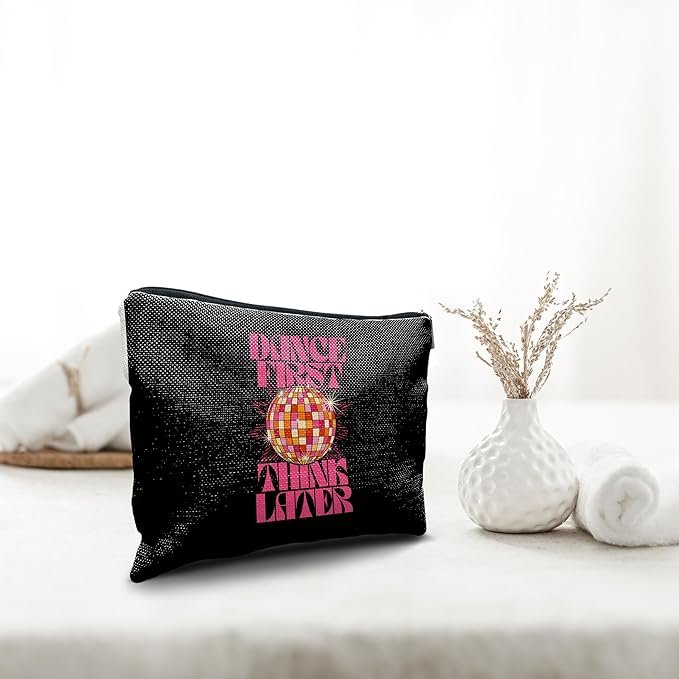 Nogrit Dancer Makeup Bag,Dance First Think Later Trendy Hot Pink Disco Ball Inspirational Makeup Travel Toiletry Bag,Dancing Gifts for Women,Gifts for Dance Lovers
