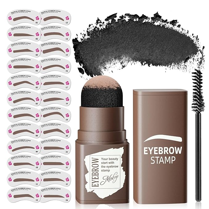 Eyebrow Stamp Stencil Kit - Eyebrow Powder with Brush Long-Lasting & Waterproof Brow Shaping Kit with 24 Reusable Thin & Thick Eyebrow Stencils for Natural Eyebrow Color (Black)