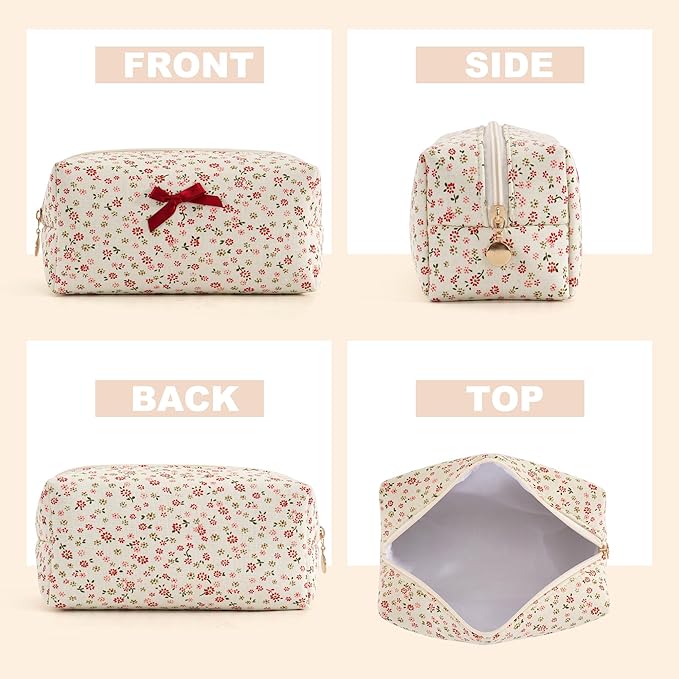 Makeup Bag Travel Toiletry Bag for Women, Small Cosmetic Bags Cute Quilted Cotton Makeup Pouch for Purse Emergency Bag for School Floral Pencil Case Accessory Bag, Tie Bow