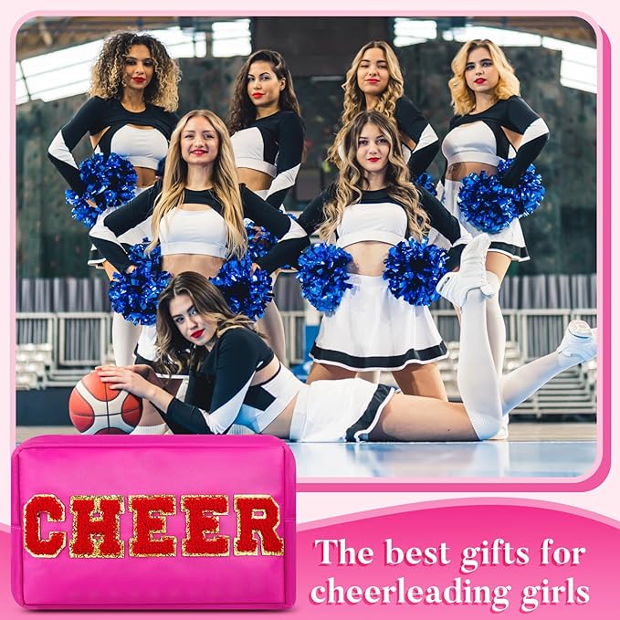 6 Pcs Cheer Makeup Bag Cosmetic Bag with Chenille Letter Patches Waterproof Portable Cheerleader Toiletry Zipper Pouch for Girl Women Appreciation (Bright Colors)