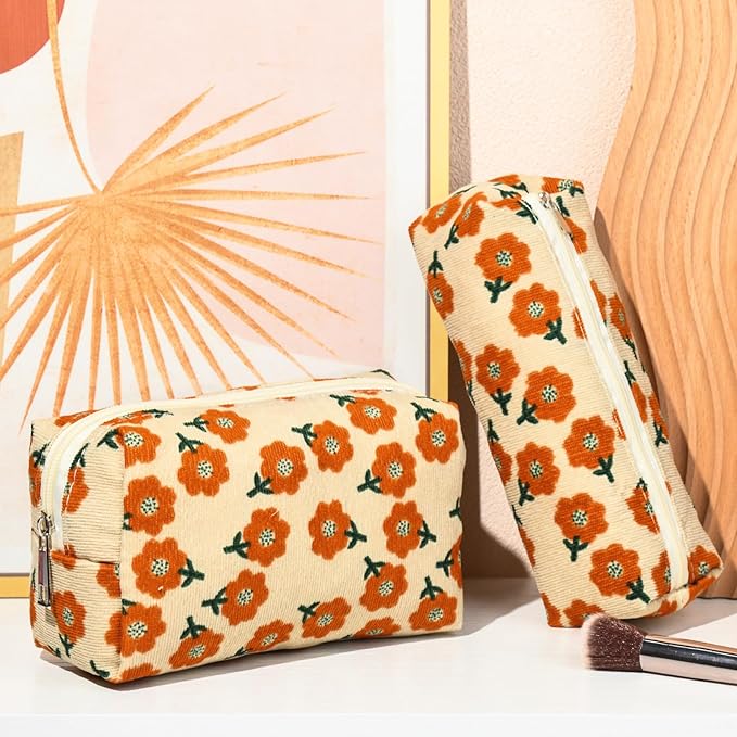 SOIDRAM Floral Cosmetic Bag, Large Capacity Makeup Pouch 1Pcs, Orange Flower