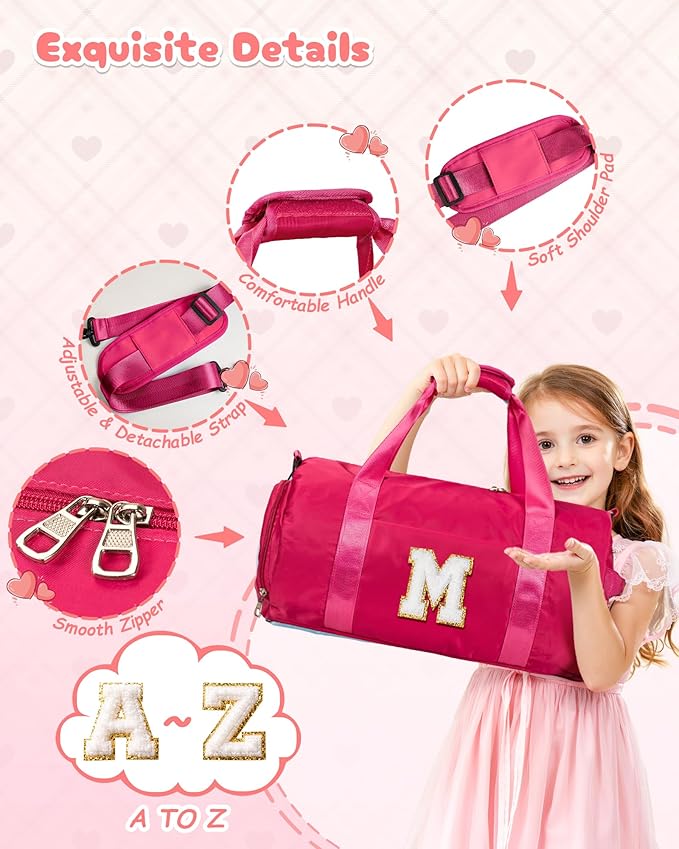 Gifts for Teen Girl, Girls Travel Duffel Bag, Kids Initial Overnight Bags with Shoe Compartment, Customized Sport Gym Weekender Bag with Makeup Pouch, Stocking Stuffers for Kid (Letter M)