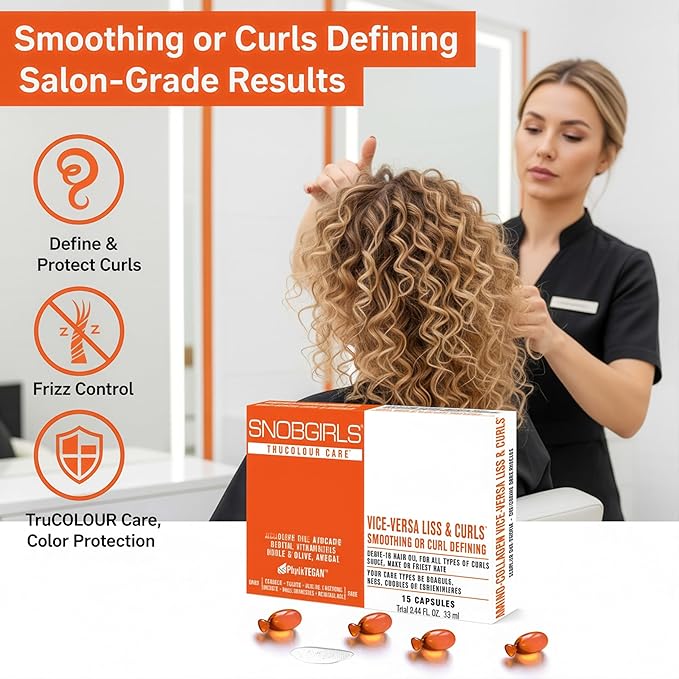 Anti Frizz Hair Oil Capsules – VICE-VERSA CURLS Vegan Leave-In Serum for Curly & Frizzy Hair w/Coconut, Avocado, Vitamins, Biotin & Hyaluronic Acid. Color Protection & Heat Protectant – 15 Ct