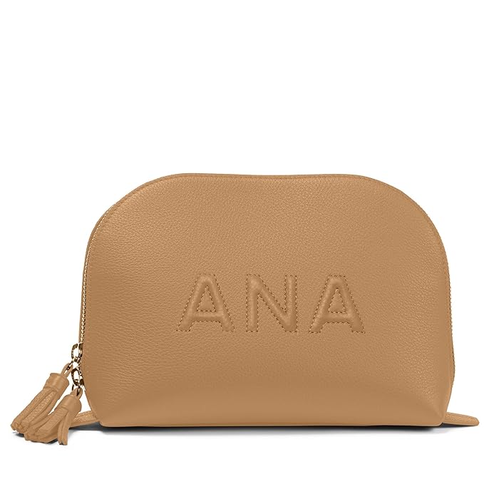 Leatherology Camel Clamshell Makeup Bag – Leather Cosmetic Bag with Waterproof Lining, Interior Zip Pocket & Double Tassel Zip Closure for Travel or Vanity Organization