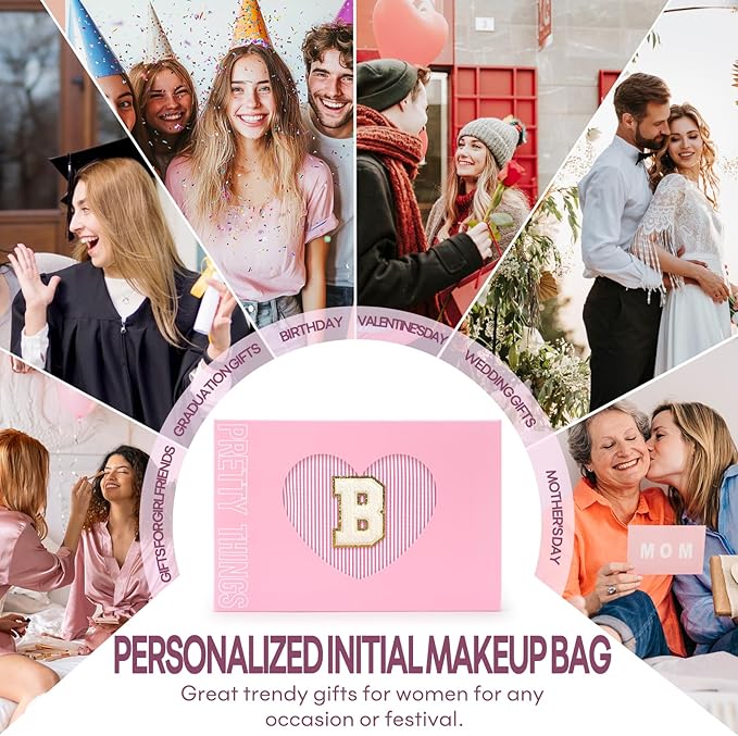 2 PCS Initial Makeup Bags for Women: Cosmetic Bag for Travel Toiletry - Birthday Gifts for 11 12 13 14 15 16 17 18 Years Old Girl Graduation Teacher Gift- Teen Girl Gifts Trendy Stuff - Pink B