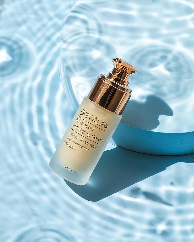 SKIN AURA™ Advanced Anti-Aging Serum - All-In-One Plant Derivative Formula Improves Wrinkles, Fine Lines & Age Spots with 5 Vitamins + Minerals, Hyaluronic Acid & Collagen Peptides - 30ml (1oz)
