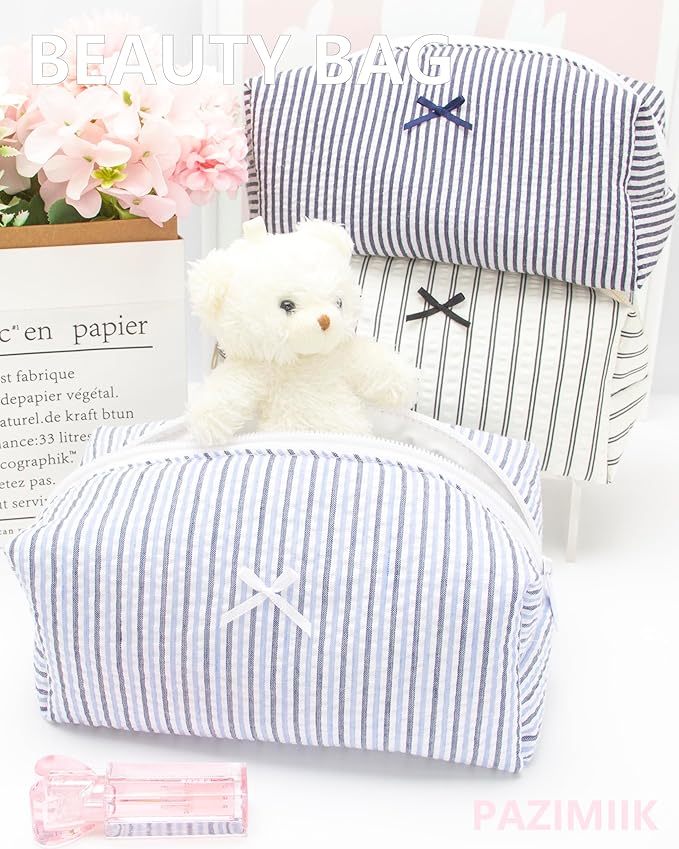 PAZIMIIK 2PCS Cozy Makeup Bag Small Aesthetic Travel Zipper Cosmetic Pouch for Women Make Up Beauty Accessories Brushes, Stripe Blue Mix