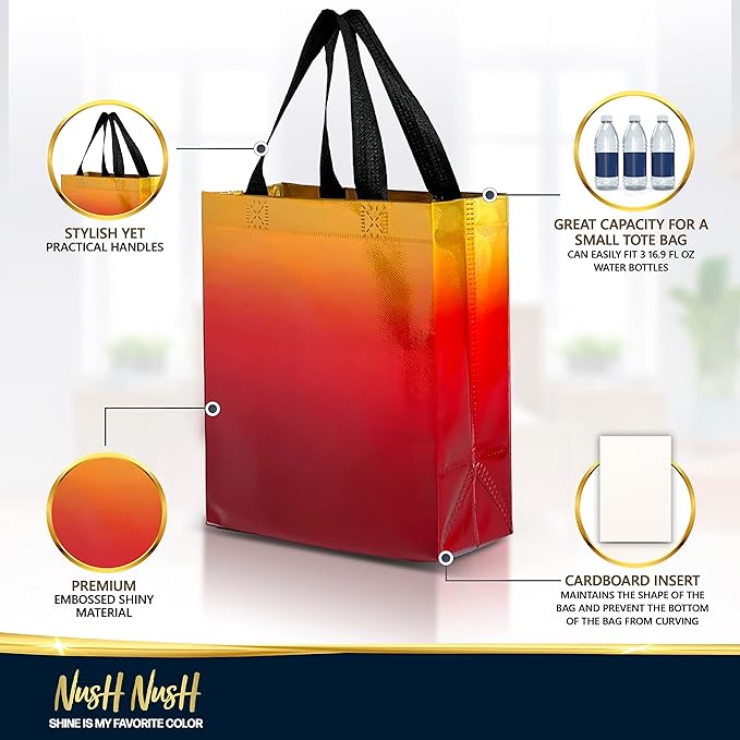 Nush Nush Rise Gradient Gift Bags Medium Size - Set of 12 Sunset Yellow & Red Gift Bags with Handles & Iridescent Finish - Ideal Goodie Bag for Birthday Party Favors, Christmas, Return Gifts - 8x4x10