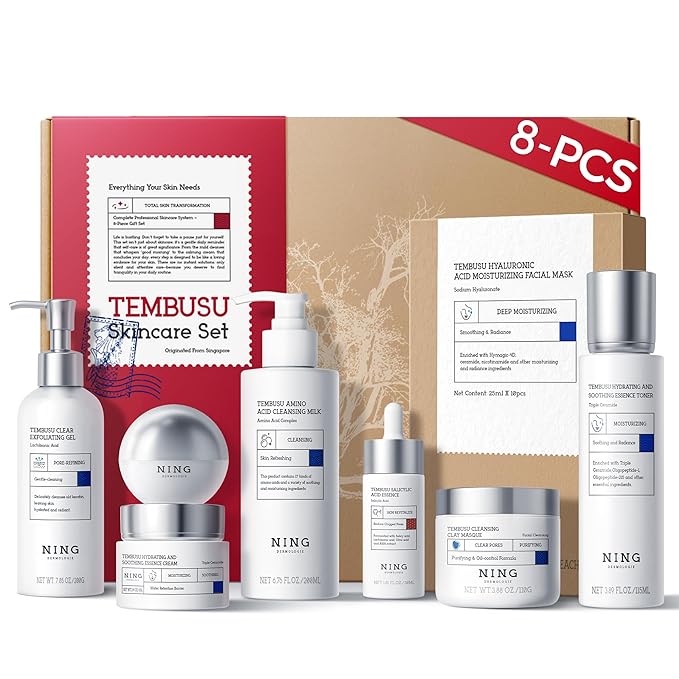Skin Care Set: 8-Step Tembusu Essence Skincare Kit, Cleansing Hydrating Moisturizing Anti-Aging Gift Sets for Women – Complete Daily Routine for Sensitive, Dry, Oily & Aging Skin
