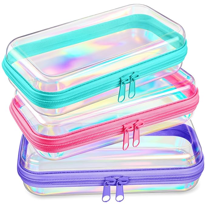 Hoolerry 3 Pcs Clear Hard Zipper Case Plastic Pouch Transparent Hard Case Clear Makeup Bag Portable Travel Organizer Bin for Cosmetics, Building Blocks, Puzzles(Laser,S)