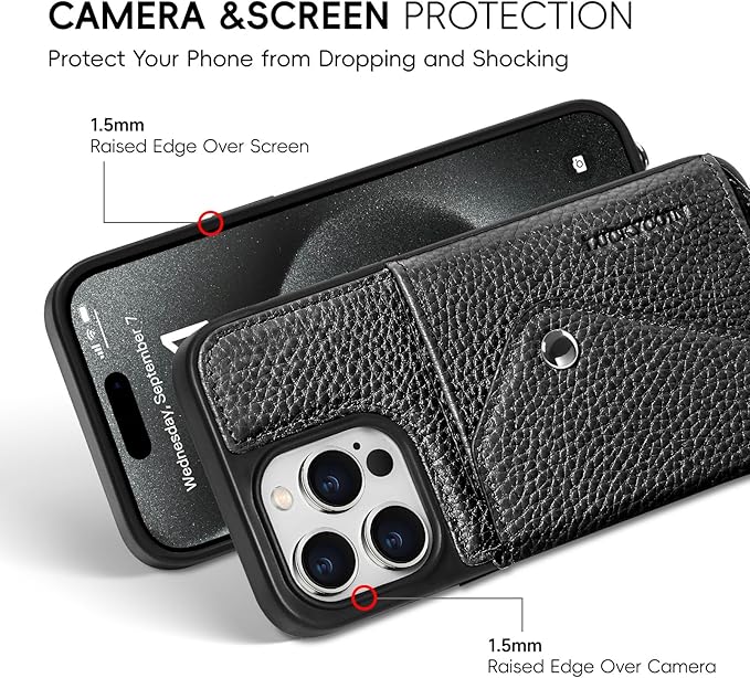 LUCKYCOIN Crossbody Wallet Phone Case for iPhone 15 Pro Max,100% Genuine Leather Wallet Phone Case with Expandable Flip Card Holder,Phone Purse for Women with Adjustable Removable Strap - Pebble Black