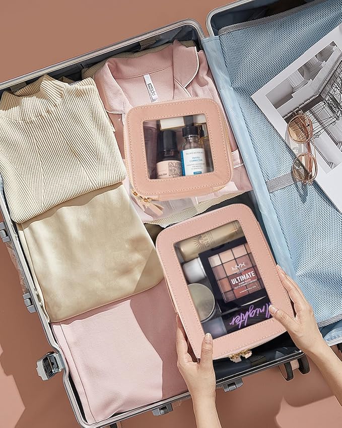 KOTORA Small Makeup Bag for Purse Cute Travel Makeup Bag Clear Cosmetic Bag with Zipper, Car Make Up Bag Organizer Storage Traveling Car Accessories Travel Essentials for Women (Nude Pink)