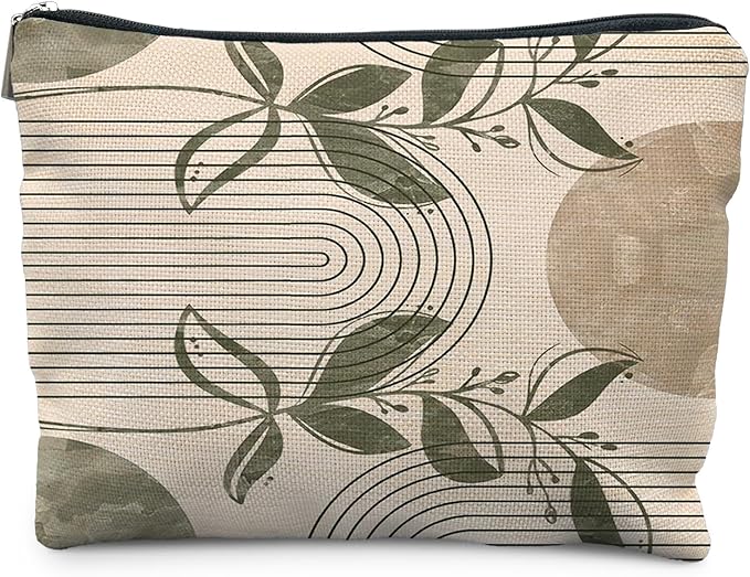 Abstract Sage Green Boho Botanical Makeup Bag, Minimalist Boho Neutral Sun Rainbow Cosmetic Bags for Women, Boho Gifts for Women, Mid Century Modern Zipper Makeup Pouch