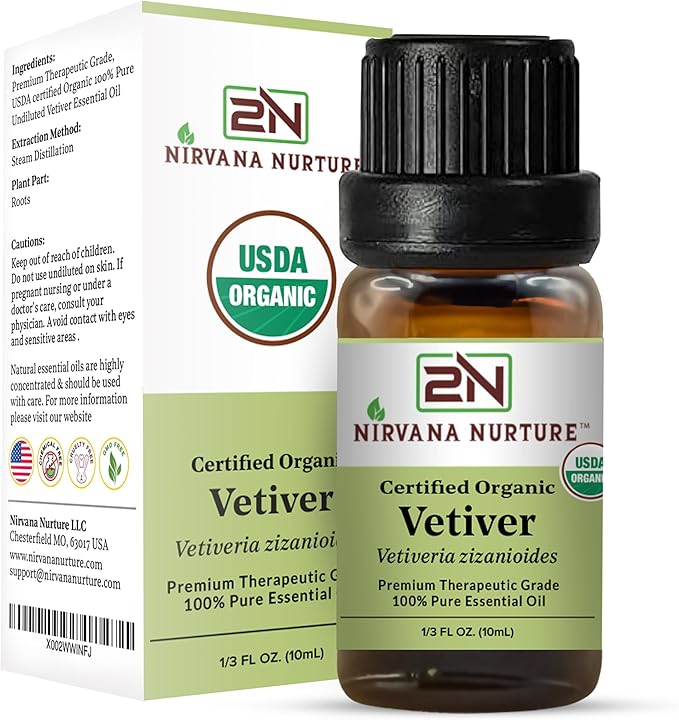 Vetiver Essential Oil USDA Certified Organic, 100% Pure Natural Premium Grade, Undiluted- Aromatherapy Diffuser for Calm and Relaxation, Skin Care, Hair Care