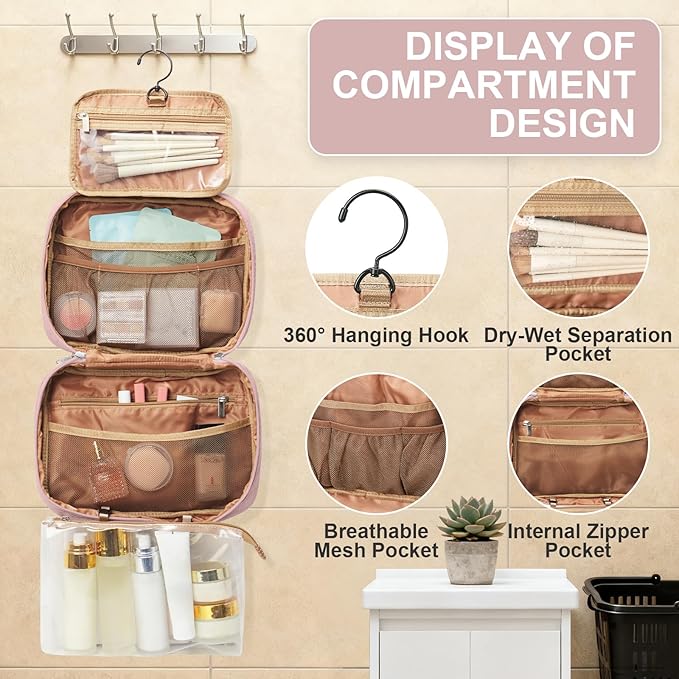 Travel Toiletry Bag For Women Small Hanging Toiletry Travel Makeup Bag lightweight Water-Resistant Toiletries Organizer case portable Cosmetic Bags For Women Pink