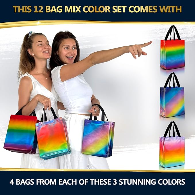 Nush Nush Rainbow Gift Bags in 3 Colorful Design - Set of 12 Reusable Gradient Gift Bags With Handles - Ideal Goodie Bag for Birthday Party Favors, Thanksgiving, Holiday, Kids Party - 8"x4"x10"