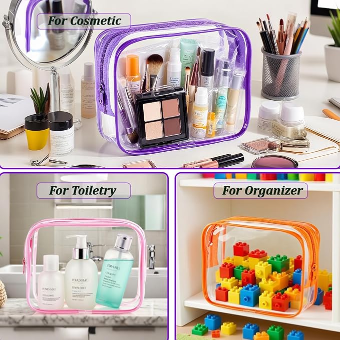 6 Pieces Clear Makeup Bags Bulk, TSA Approved Toiletry Bag PVC Clear Cosmetic Toiletries Pouch with Zipper, Waterproof Vinyl Plastic Organizer Case for for Women Carry-on Travel Essentials