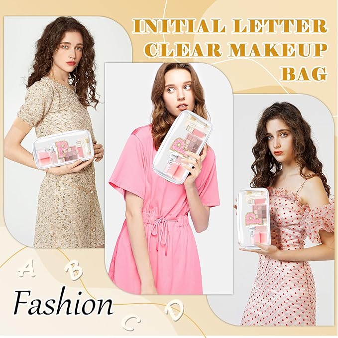 Personalized Initial Letter Clear Makeup Bag,Preppy Small Nylon&PVC Cosmetic Zipper Bag with Chenille Letter,Travel Skincare Toiletry Bag,Monogram Christmas Gift for Teen Girls Women,P