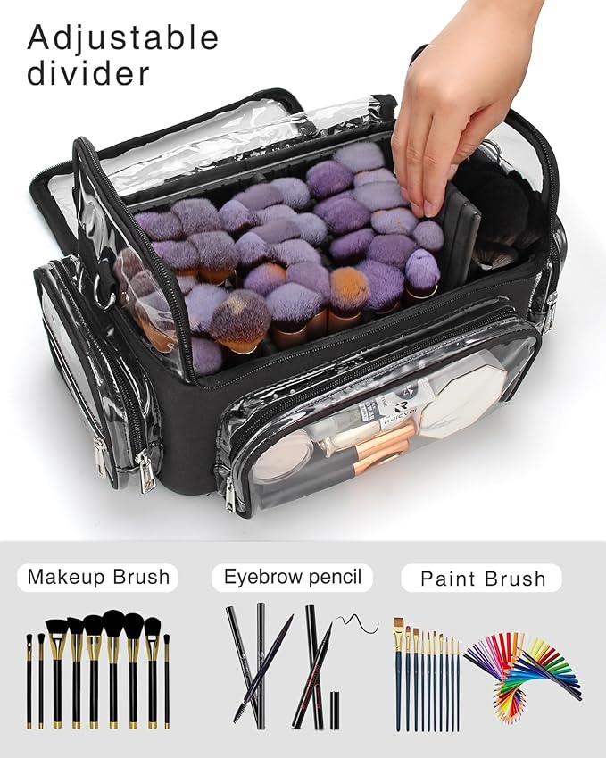 Makeup Brush Bag, Makeup Brush Case for Makeup Artist with Plastic Dividers Washable, Portable Travel Makeup Train Case with Clear Waterproof Cover for Easy to Clean and Find with Adjustable Strap