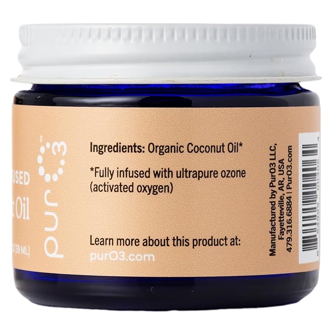 PurO3 Ozonated Coconut Oil – Pure, Natural, Organic Skincare for Face & Body – Oxygenated Healing Lotion, Moisturizer & Beauty Cream in a Glass Jar – O3 Therapy Salve, 2 oz