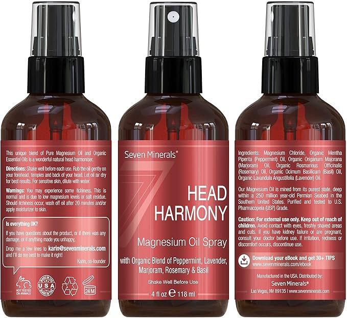 Seven Minerals, Head Harmony Spray - Powerful Magnesium Oil Blend with Essential Oils (Lavender, Sweet Marjoram, Peppermint, Rosemary, and Basil) fo Relief - Made in USA - Free Trigger Tracker