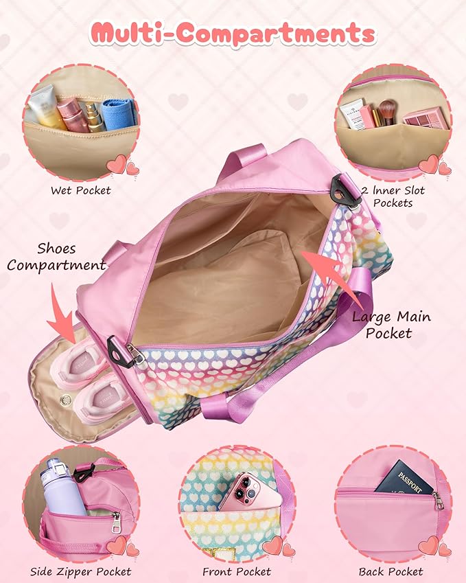 Gifts for 8 Year Old Girl, Girls Travel Duffel Bag, Kids Initial Overnight Bags with Shoe Compartment, Personalized Weekender Bag with Makeup Pouch, Gift for Grandkids (Letter E)