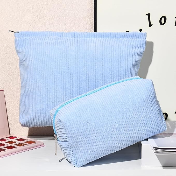SOIDRAM 2 Pieces Makeup Bag Large Corduroy Cosmetic Bag Capacity Canvas Mix Travel Toiletry Bag Organizer Cute Makeup Brushes Aesthetic Accessories Storage Bag for Women, Corduroy Mix Blue